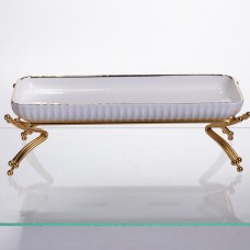 Фарфоровое блюдо для сервировки на металлической подставке 29.5×12×9 (см) Белое с золотом LB-1565G
