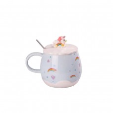Чашка керамическая Rainbow Ceramic Mug 400ml с крышкой и ложкой Голубой HPCY8278BL