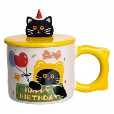 Чашка фарфоровая с крышкой Kitten's Birthday 400 (мл) подарочная кружка прикольная чашка для детей на подарок Желтый FM-24B