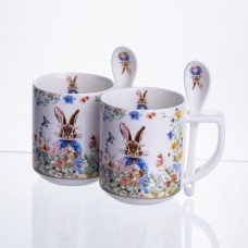 Набор подарочных фарфоровых чашек Garden Rabbits 2 штуки по 300 мл с ложками HP-7323-3