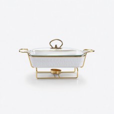Мармитница настольная фарфоровая 1.5 л прямоугольная 35х19х11.5 (см) на подставке Мрамор белый HP1014
