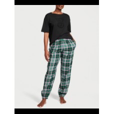 ПИЖАМА женск. FLANNEL JOGGER TEE-JAMA SET GREEN/PINK POP PLAID  size: S