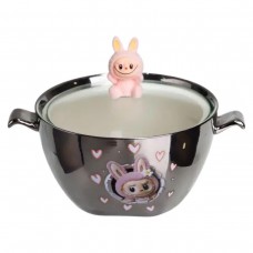 Бульонница фарфоровая Labubu с крышкой и ручками 800 (мл) Ø15 (см) детская тарелка для супа и лапши Серебристый с розовым FM-34C
