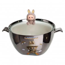 Бульонница фарфоровая Labubu с крышкой и ручками 800 (мл) Ø15 (см) детская тарелка для супа и лапши Серебристый с коричневым